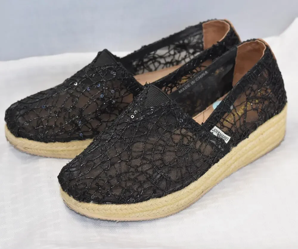 JOY & MARIO Mesh Sequin Espadrilles Wedge Heel Platform Shoes Size 7